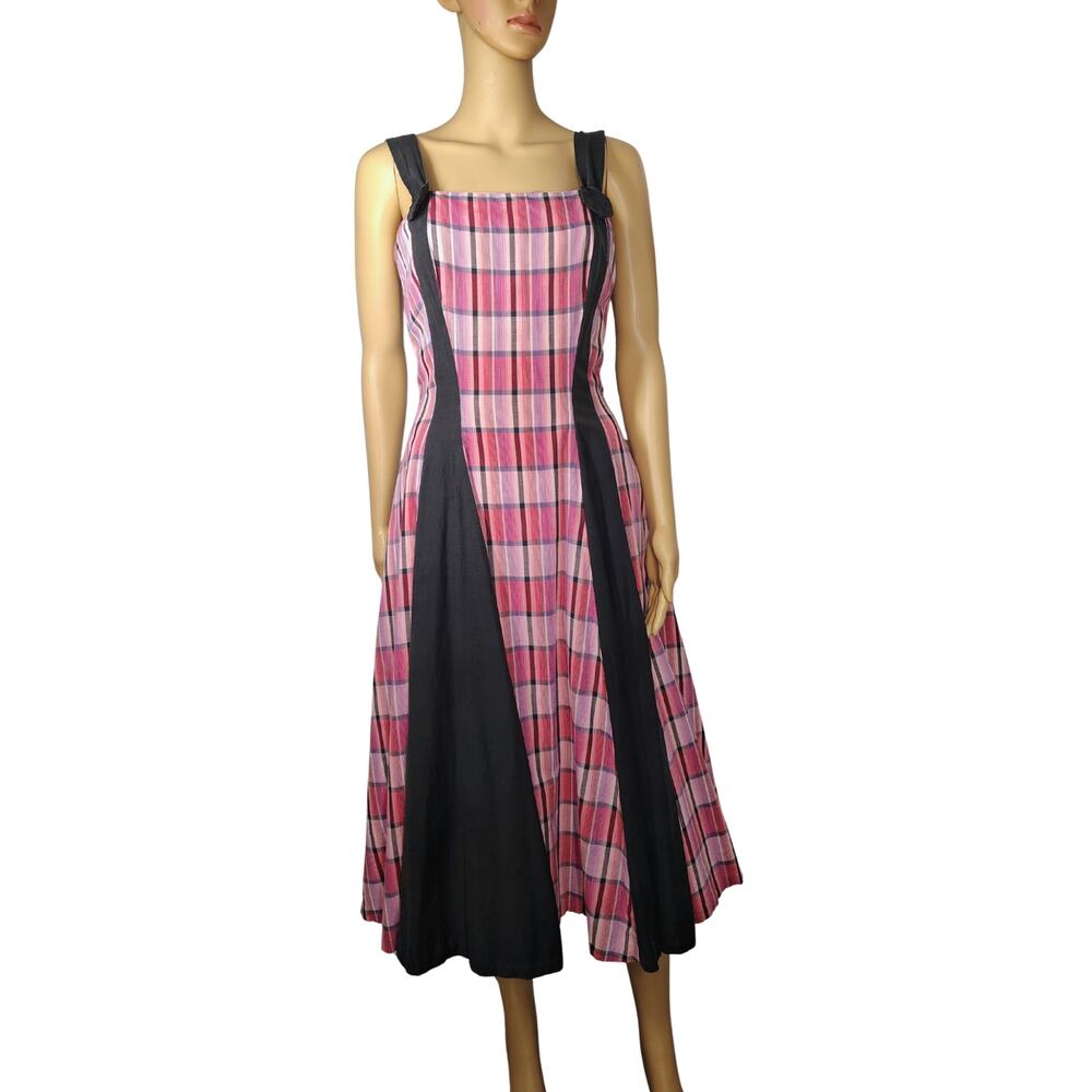 50s Pink Plaid Miami Miss Resort Wear Summer Sleeveless Fit Flare Dress Size Sm